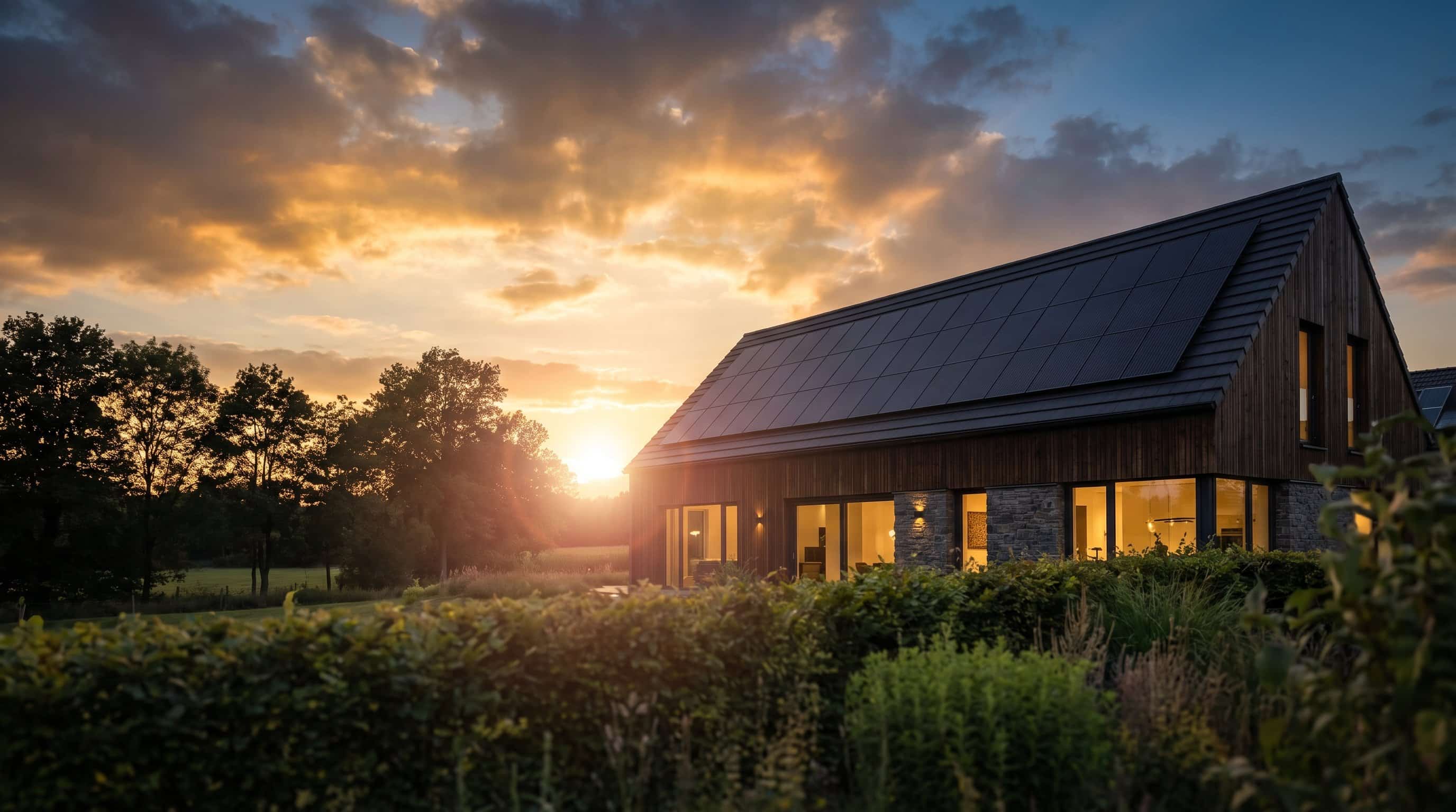 Einfamilienhaus mit schwarzer Photovoltaikanlage auf dem Dach im Sonnenuntergang