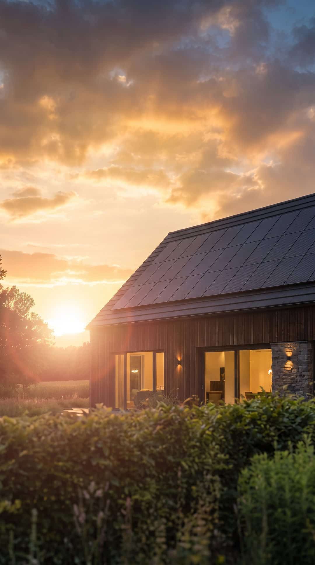 Einfamilienhaus mit schwarzer Photovoltaikanlage auf dem Dach im Sonnenuntergang